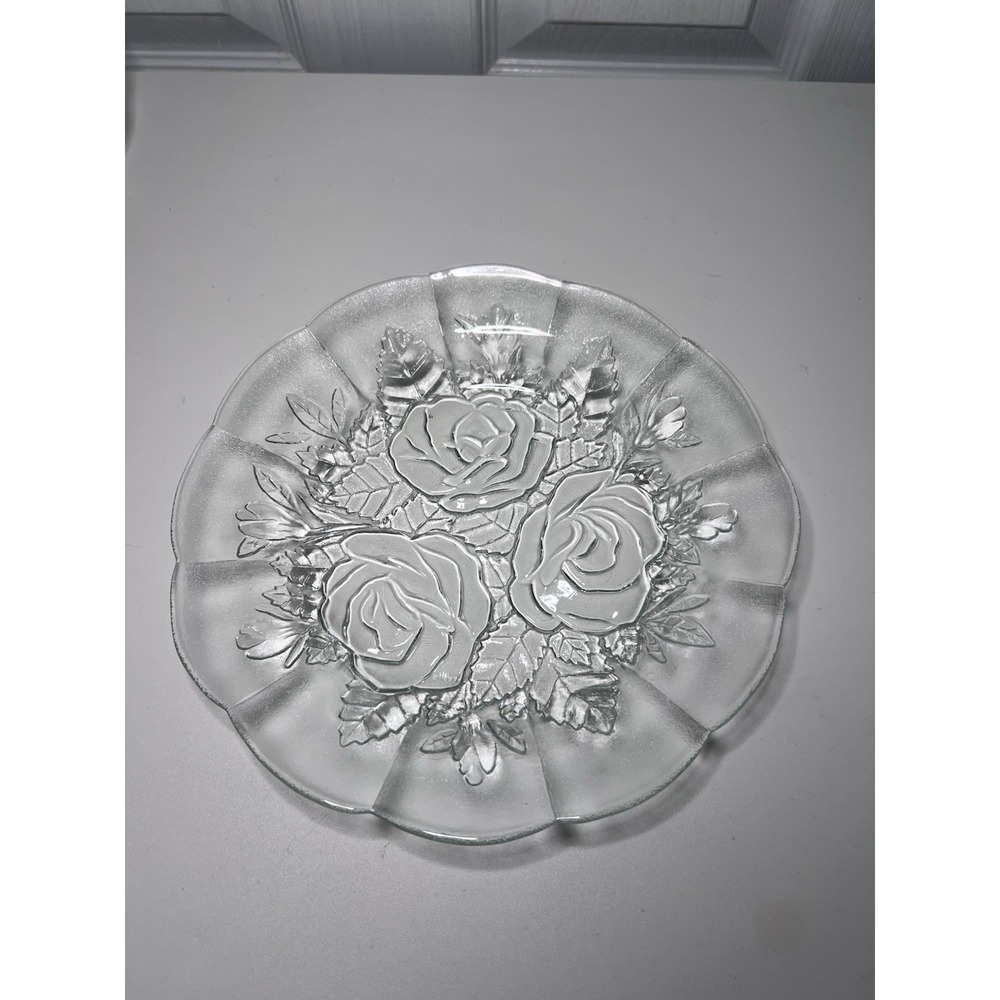 5 Vtg Clear Glass Dinner Plates Pasari Indonesia "Livia" Embossed Rose Scalloped